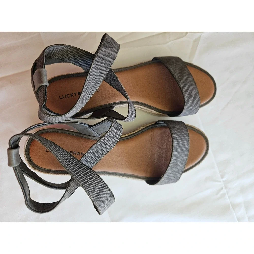 Lucky‎ Brand Women Gray Canvas Espadrille Wedge Sandals Ankle Strap Platform